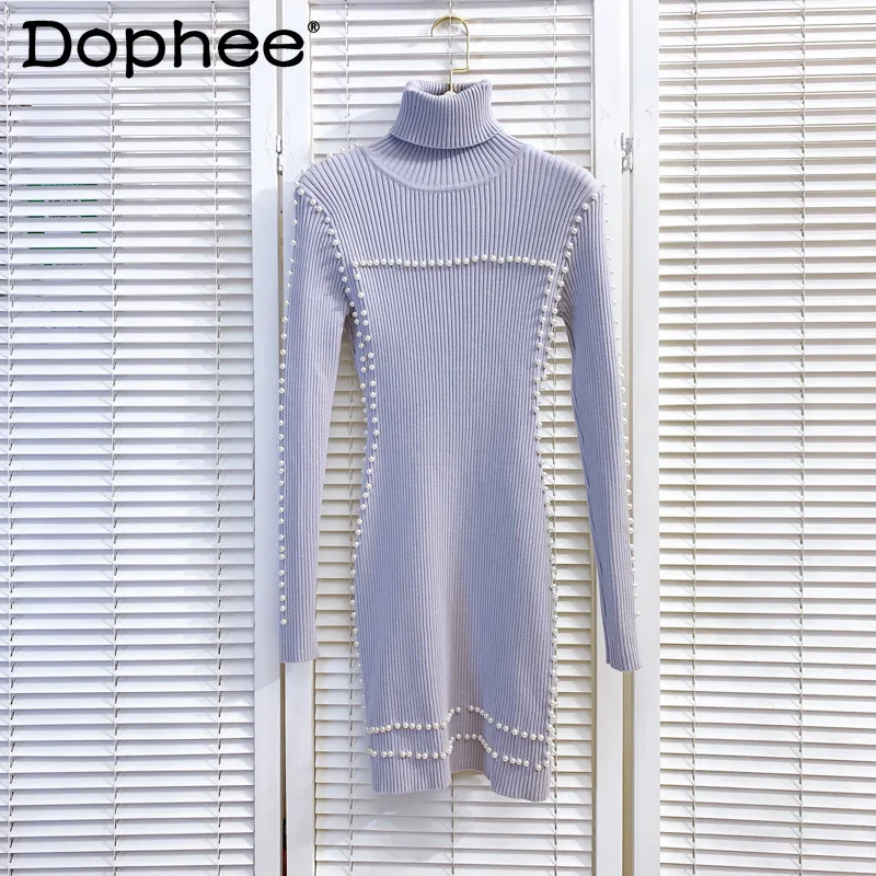 

2021 Fall Winter Sweater Dress Women Turtleneck Pullover Slim Fit Mid-length Sweater Pearls Long Sleeve Knitted Bottoming Dress