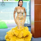 Золотистое желтое женское вечернее платье-русалка, новинка 2020, юбка с оборками, кружевные африканские женские платья для выпускного вечера, платье с коротким рукавом, abendkleider