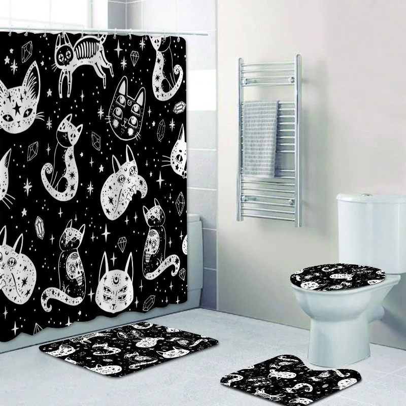 

Gothic Witch's Cat Halloween Shower Curtain Set for Bathroom Decor Cartoon Black Cat Drawing Printed Bath Curtain Mats Rugs Gift