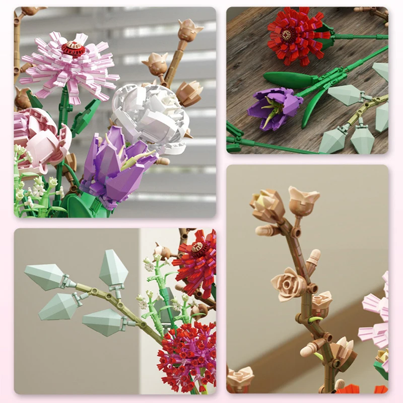 

Creative Colorful Bouquet Assembling Building Blocks Tulip Gypsophila Blossom Ornaments Houses Decoration Model Bricks Toys Girl