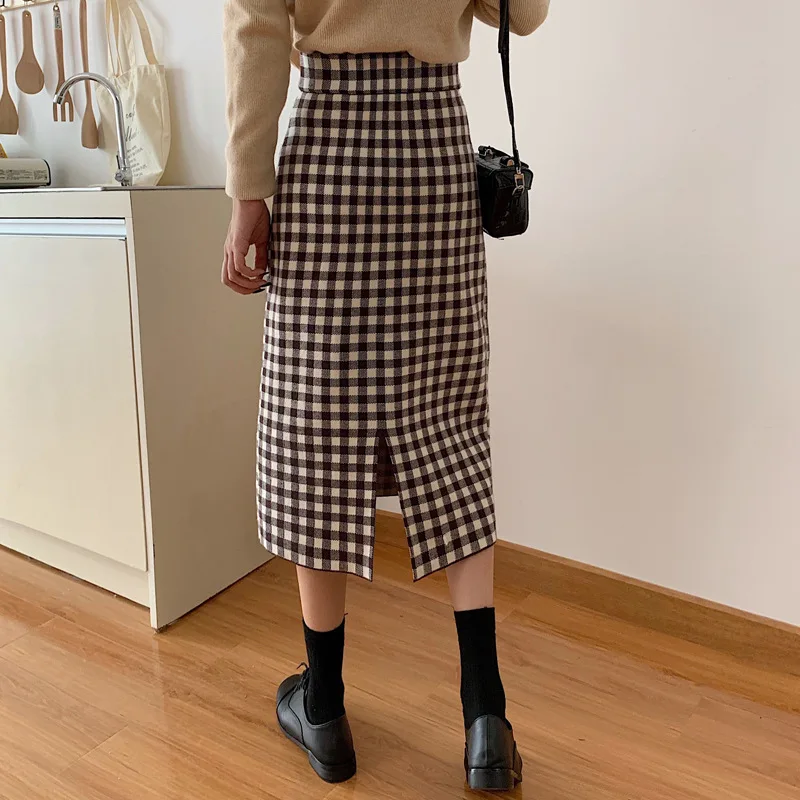 Элегантная клетчатая трикотажная Женская юбка-свитер 2020 осень-зима Эластичная