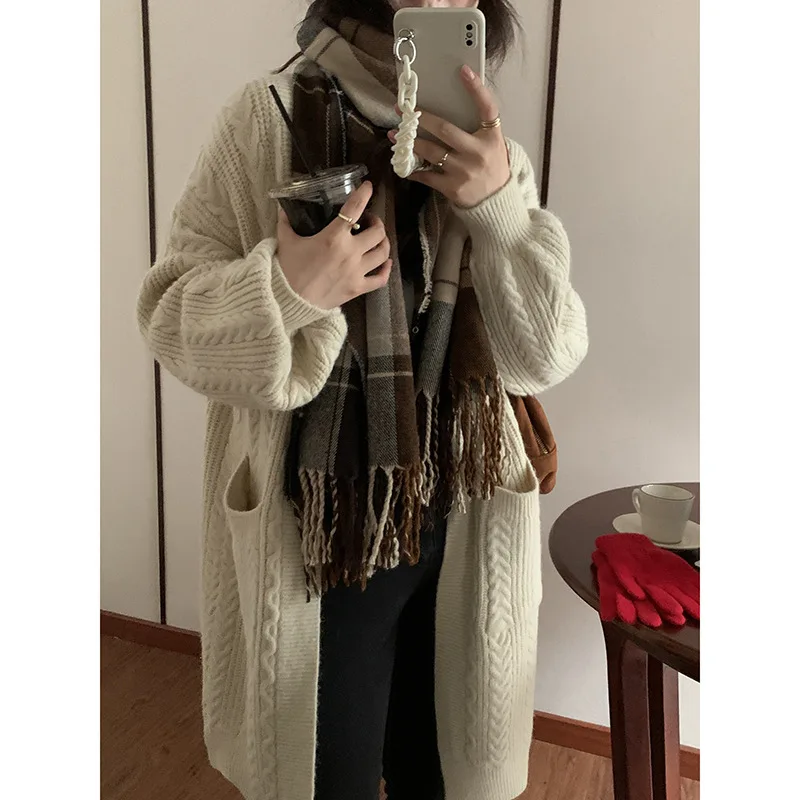 

Knit Cardigan Thick Twist Sweater Coat Women 2021 Autumn and Winter Korean Style Casual Tassel Loose Mid-length Women's Cardigan