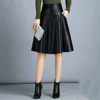 high waist leather sheepskin a line skirts elegant black skirt korean womens female indie folk knee length ladies office skirt