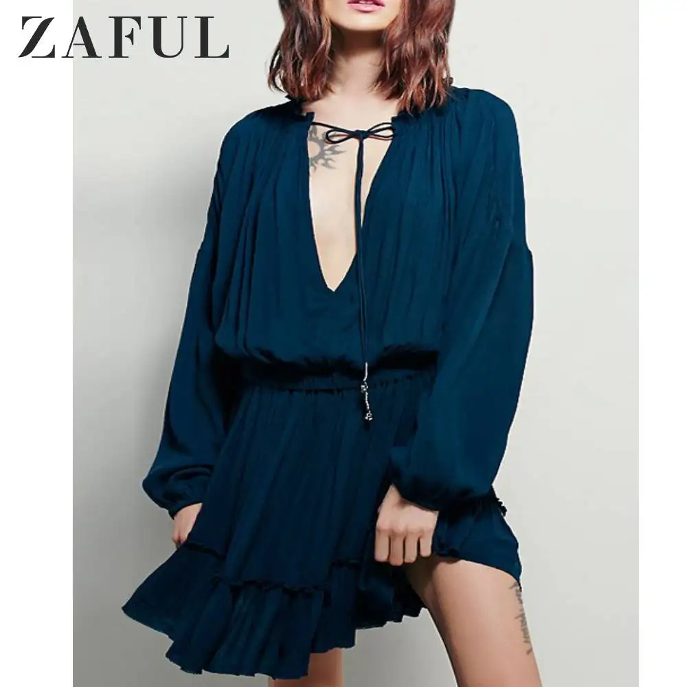 Женское платье туника ZAFUL мини в стиле бохо с поясом и оборками на весну