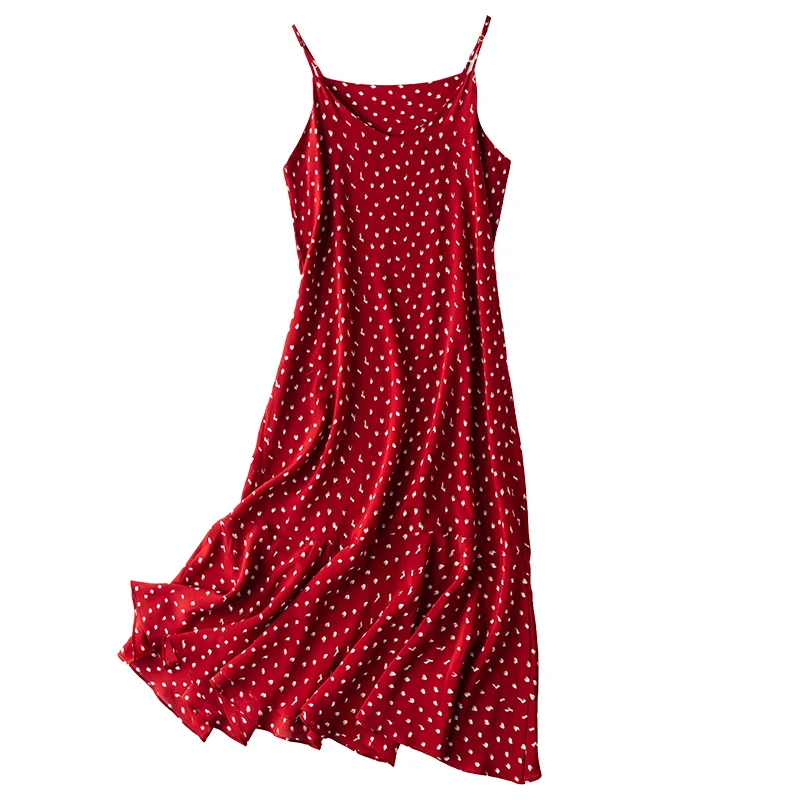 

Women's 100% Pure Silk Luxury Elegant Fashion ajustable straps chemise camisole Long Dress Dots Slip Dress Braces Skirt L1046