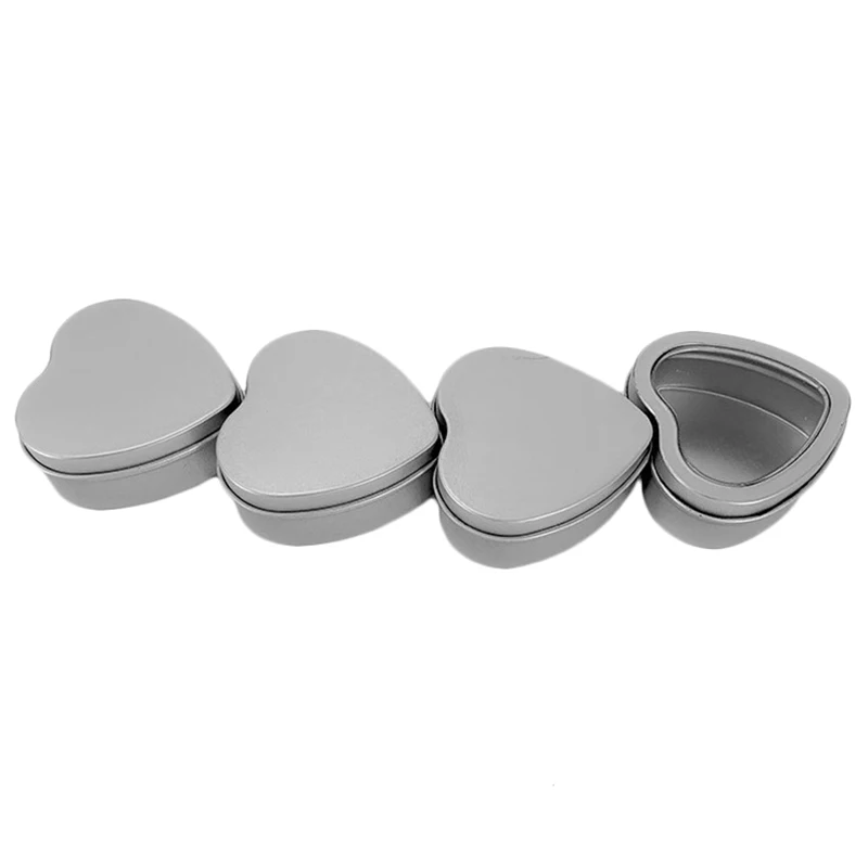 14 упаковок пустых серебряных металлических банок в форме сердца с прозрачным