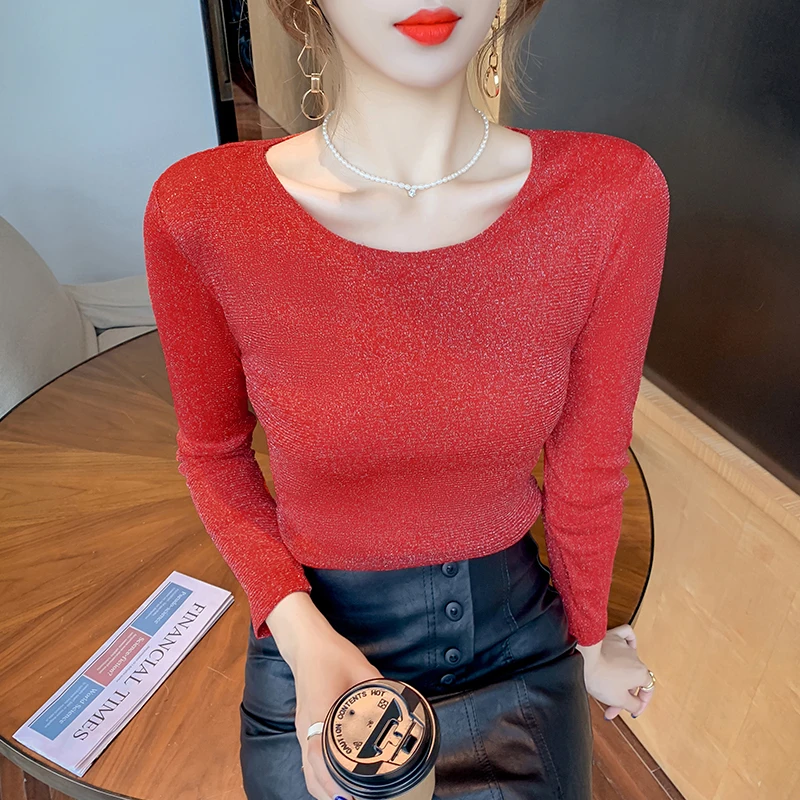 

Woman Tshirts 2021 Fashion Bright Silk Tops for Women Full Sleeves Solid O-Neck Tees Basic Net yarn OL T Shirt Womens Clothing