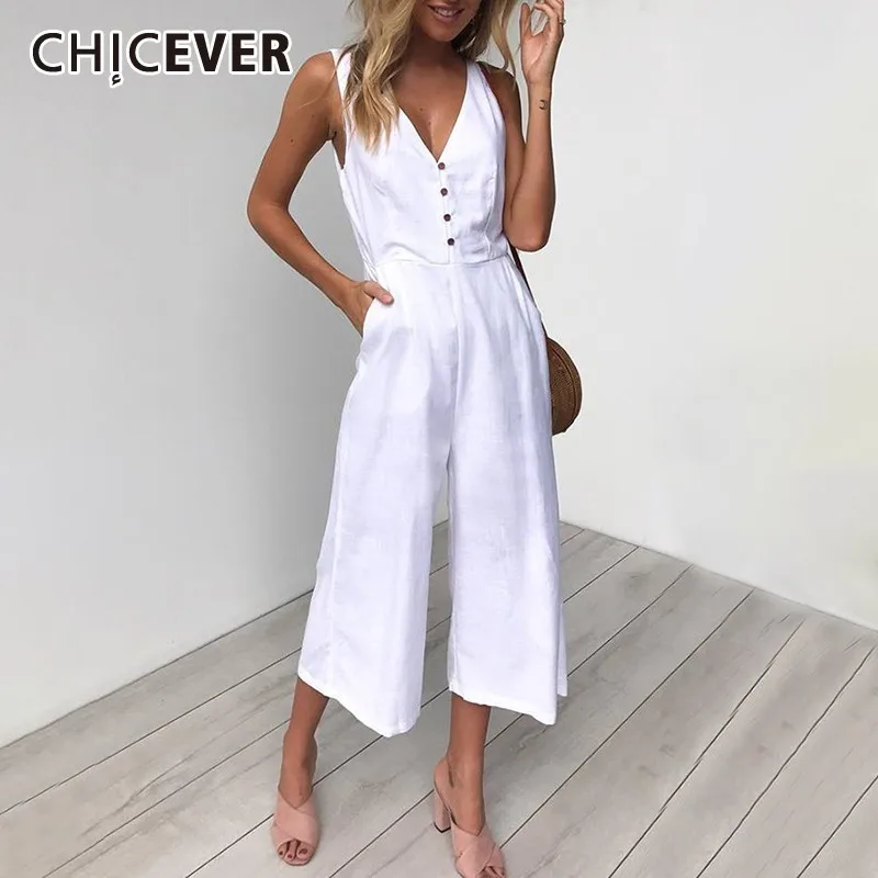 Летний Повседневный Однотонный женский комбинезон CHICEVER с V образным вырезом на
