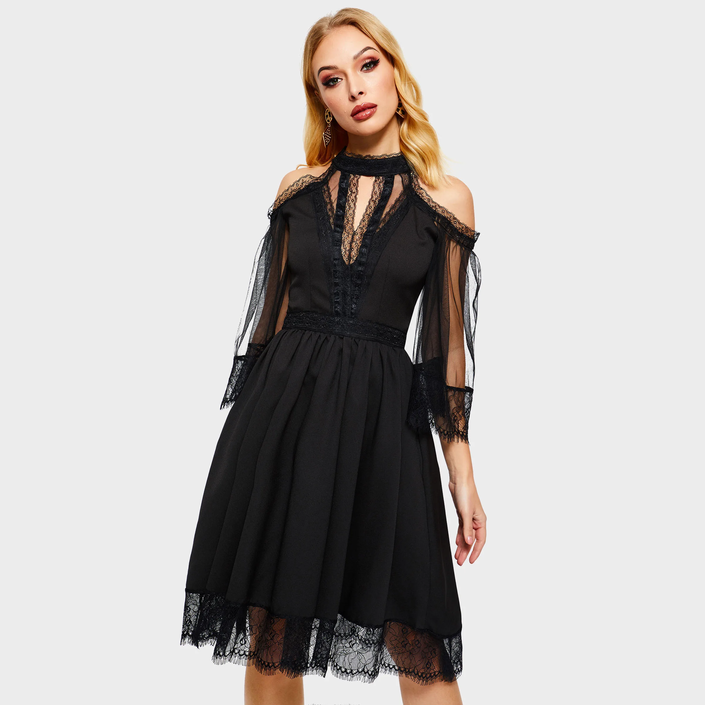

2021 Sexy Off Shoulder Mesh Lace Dress Women Party Elegant Gothic A Line Solid Black Summer Female Fashion Goth Vintage Dresses