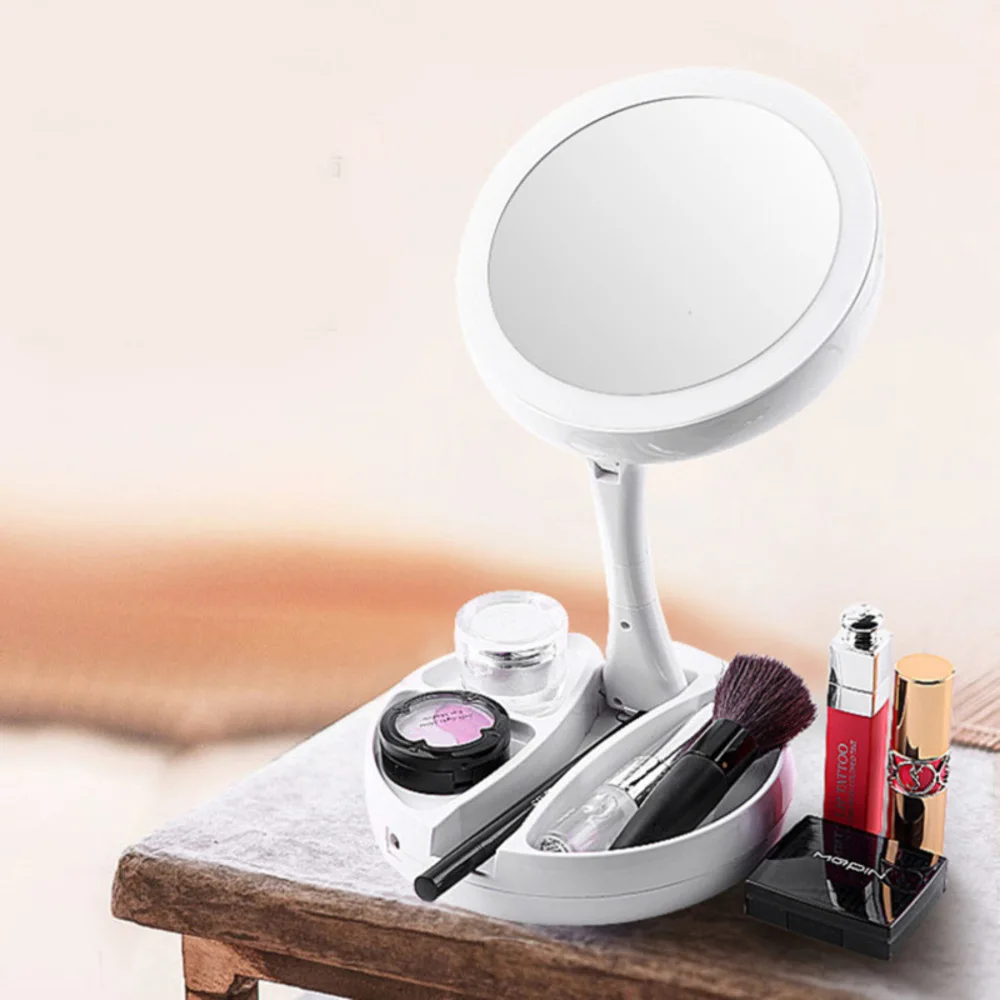 

Складное косметическое зеркало со светодиодной подсветильник кой, белый столик с 10-кратным увеличением и батареей, не входит в комплект