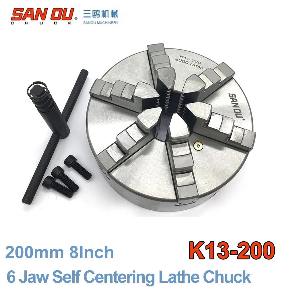 

200mm 8 Inch 6 Jaw Lathe Chuck Self Centering SANOU K13-200 Hardened Reversible Mounting Tool for Drilling Milling Woodworking