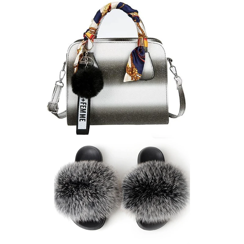 

Women Shoes Furry Slides And Purse Real Fox Fur Rainbow Sandles With Matching Purses Fluffy Slippers For Woman With Bag Match
