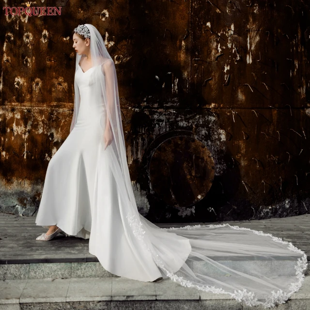 TOPQUEEN V77 2 Layers Bridal Veils Cover Front and Back Cathedral