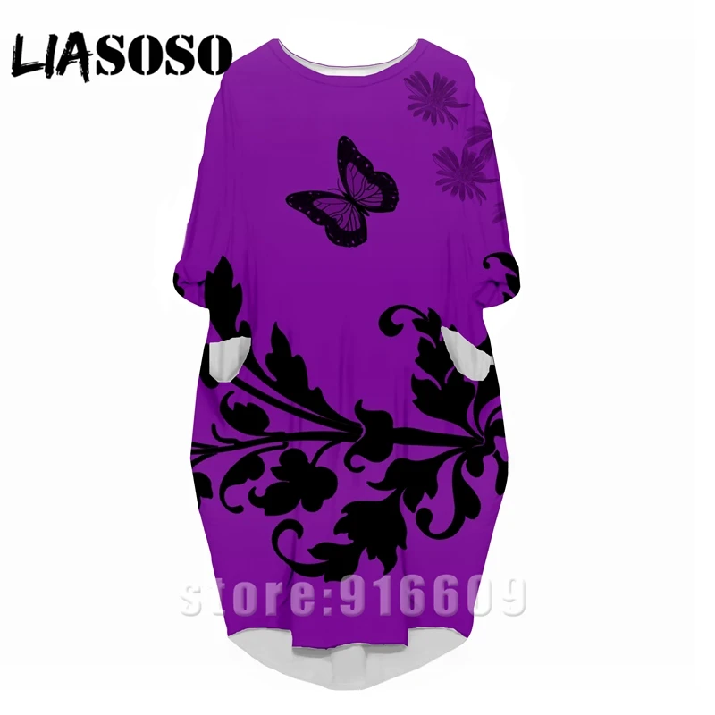 

LIASOS3D print fashion Purple butterfly shirt suit Harajuku flower women anime top gown logo woman's clothing dress