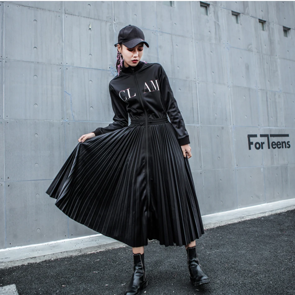 

High Quality Black 2020 Sexy Long Sleeve Stand Collar Front Zipper Pleated Dress Elegant Women'S Letter Party Dress Vestidos
