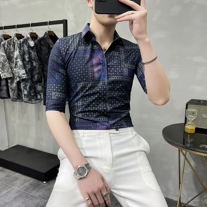 

Men's Starry Sky Printing Half Sleeve Shirts 2021 Summer Business Slim Fit Camisa Hoome Social Party Casual Male Clothing Tops