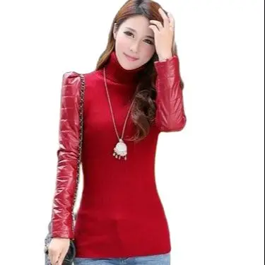 Женский свитер с воротником-хомутом из искусственной кожи зимний | Женская