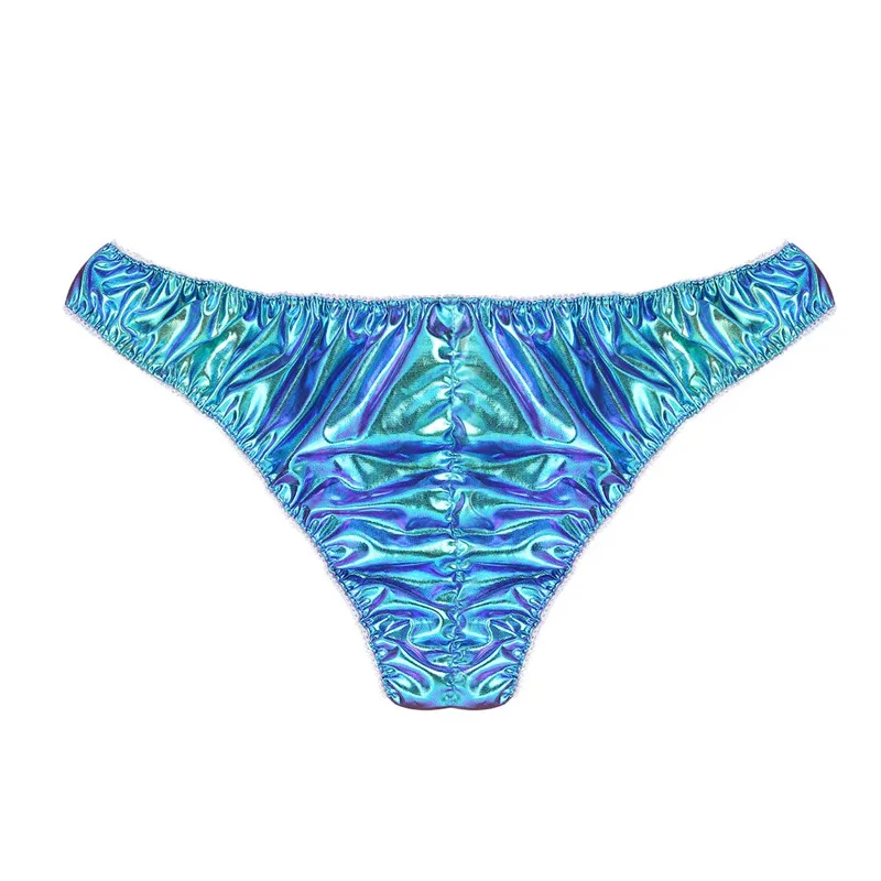 Мужские трусы бикини с рюшами синие эластичные из искусственной кожи