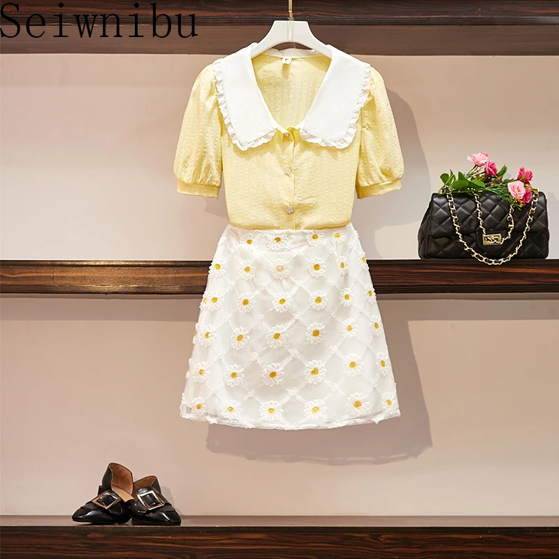 Женский комплект из 2 предметов милая летняя желтая рубашка с круглым воротником + белая юбка трапециевидной