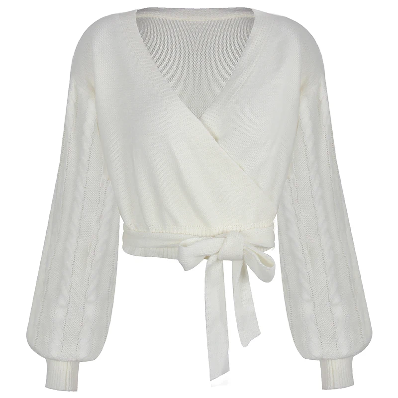 

Womens Knitted Cardigan Sweater V-Neck Lantern Sleeve Sashes Chic Sweater Streetwear Autumn Winter Womens Knit Sweater 2021 Lace