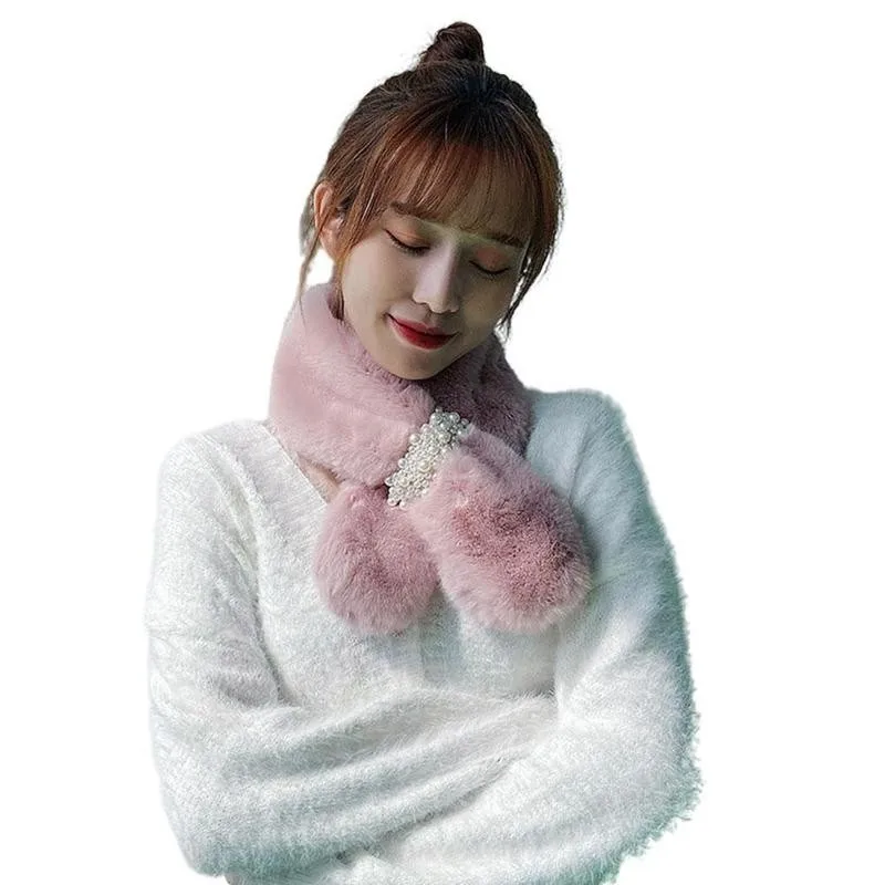 

Plush Pearl Button Cross Scarf Women's Winter Thicken Fashion Women Scarfs Plush Accessories R5A6