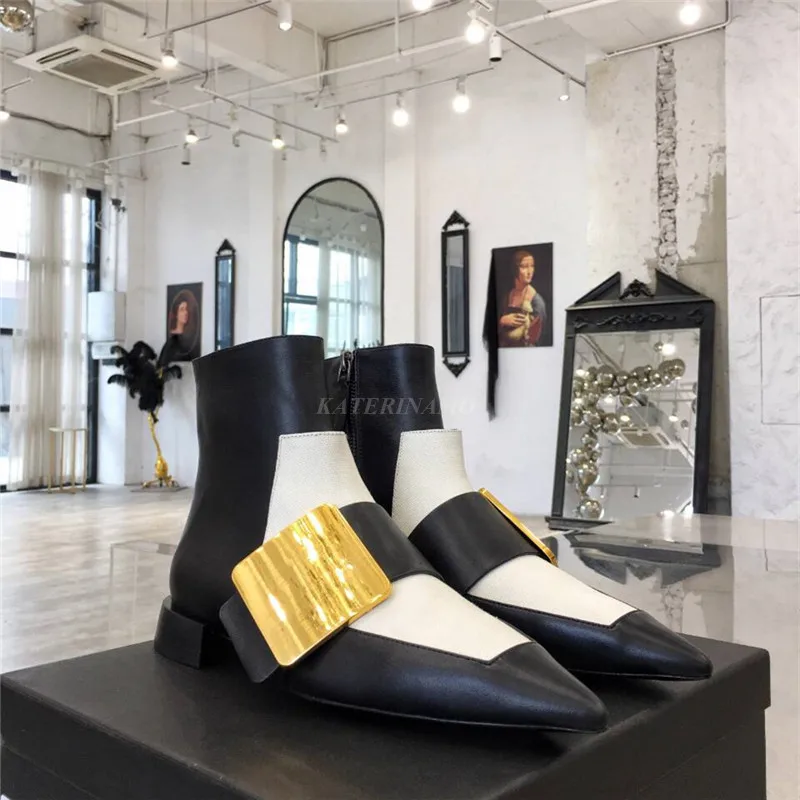 

Brand Short Boots For Women Pointed Toe Flats Real Cow Leather Autumn Winter Female Ankle Boots Mixed Color Fashion Ladies Boot