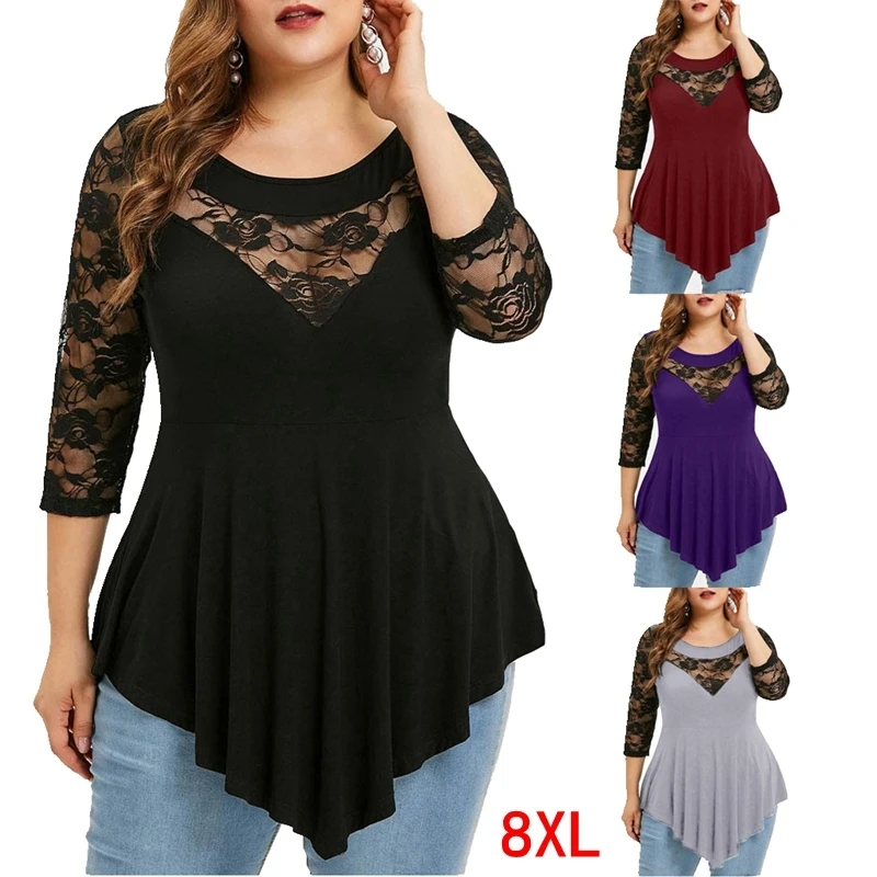 Плюс размер 5XL 6XL 7XL 8XL бюст 130 см Большой женская рубашка цветок кружева строчка