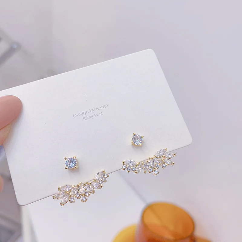 

New design French retro one pair of cubic zircon ZC branch and leaf earrings 14K real gold stud earrings for women