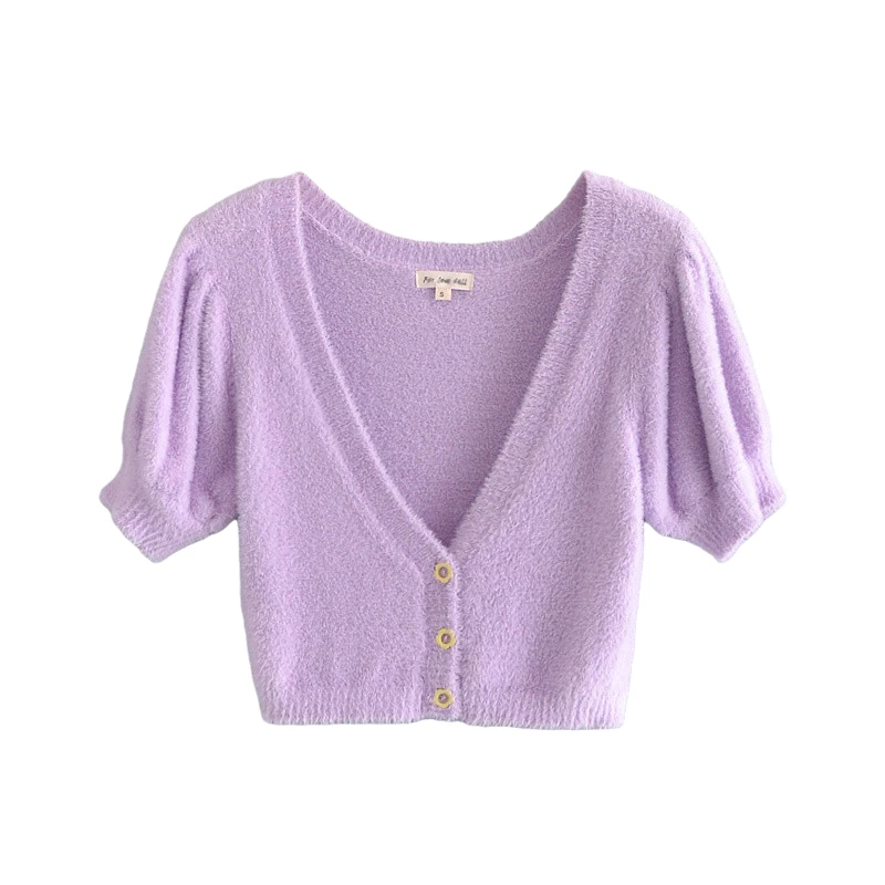 

PUWD Sweet Girls Puff Sleeve V Neck Cardigan Sweaters 2021 Summer Fashion Ladies Slim Knitted Short Tops Women Casual Knitwear