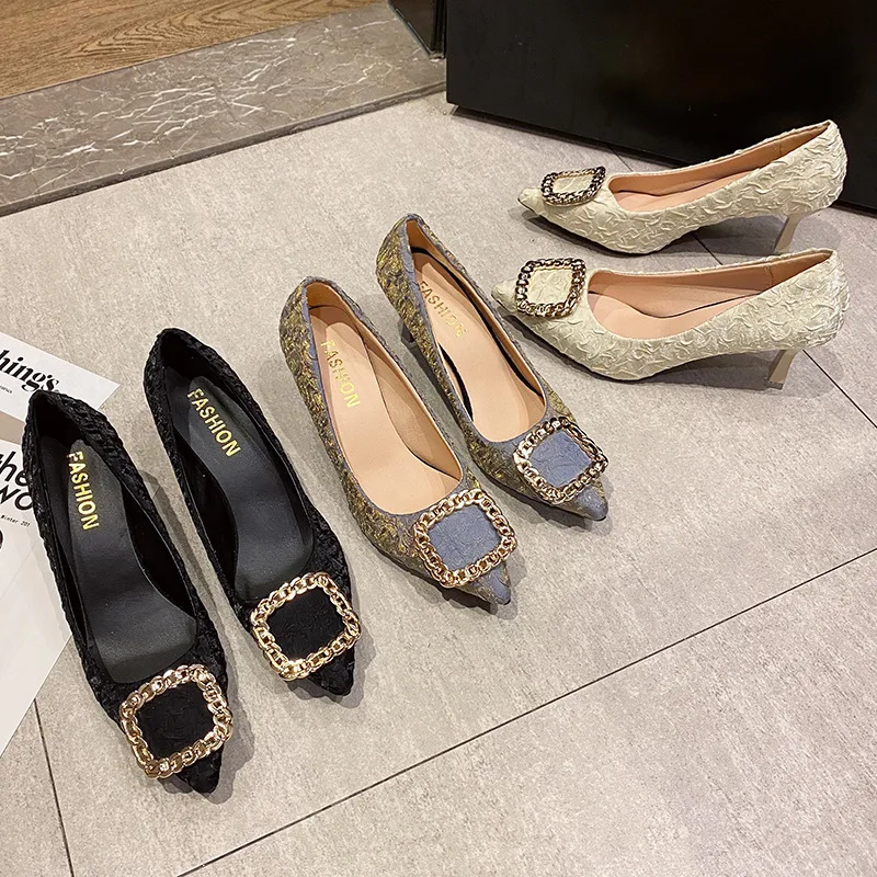 

Pointed High Heels Women's 2021 Fall New Fashion High Heels Square Buckle Shallow Mouth Stiletto Single Shoes Women Work Shoes