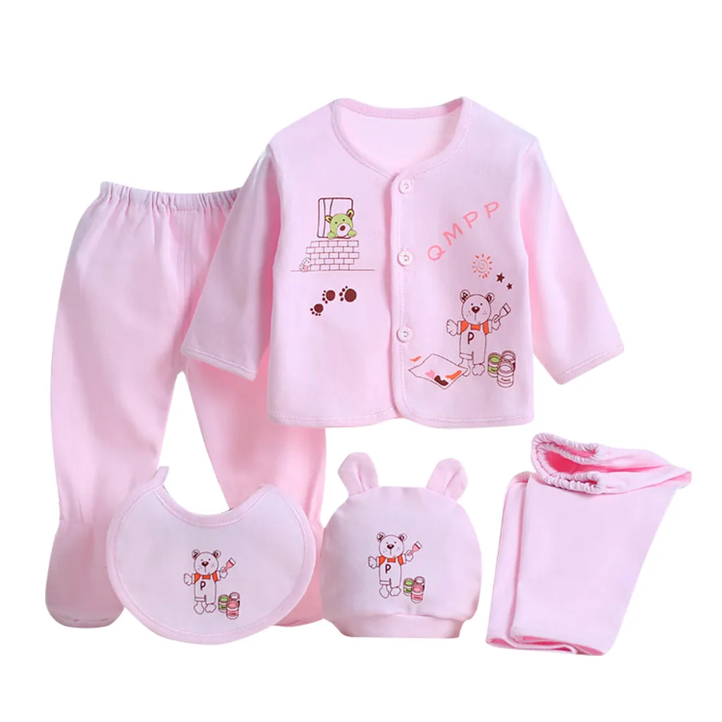 5Pcs Cute Newborn Baby Outfits Toddler Sleepwear Outfit Long Sleeve Cartoon Animal Print Tops +Hat+Pants +Bib Set Y96 | Детская одежда