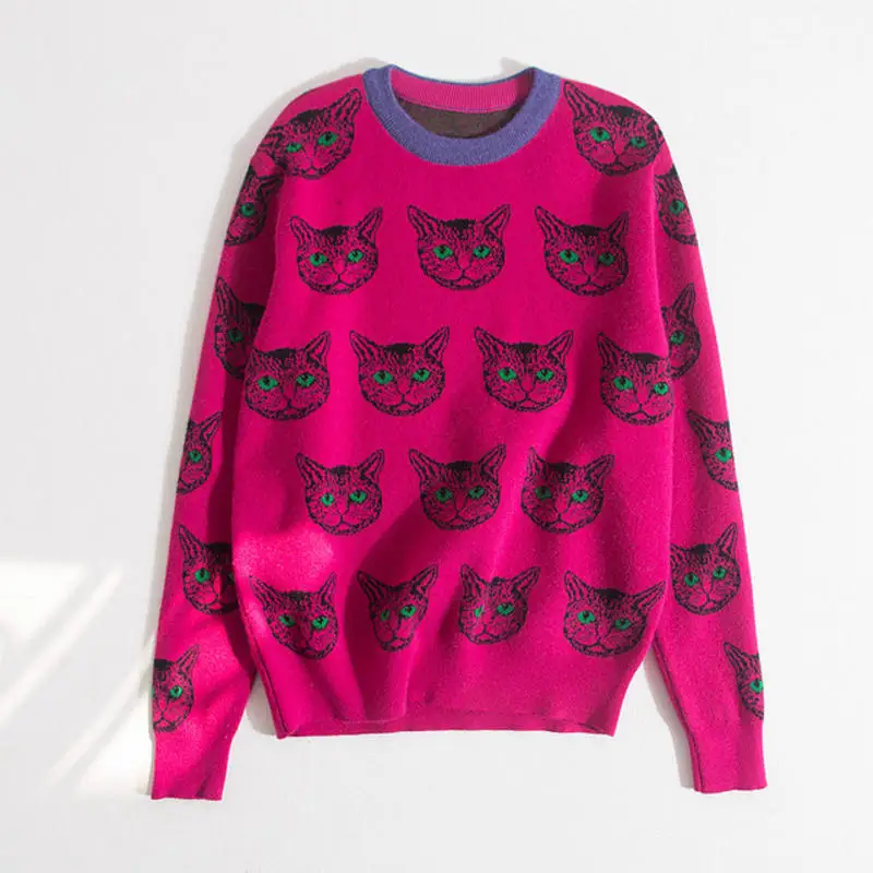 

High Quality Runway Designer Cat Print Knitted Sweaters Pullovers Women Autumn Winter Long Sleeve Harajuku Sweet Jumper