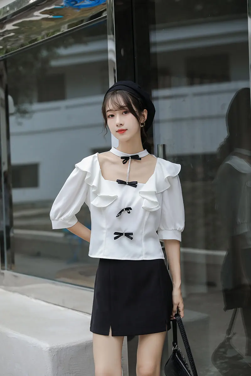 

Korejepo Women All-match Shirt 2021 New Summer French Sweet Elegant Solid White Ruffles Bow Halter Lantern Sleeve Half Short Top