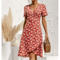 plus size floral print boho dress women sexy v neck sashes lace up short sleeve summer casual high waist elegant 2021 dresses