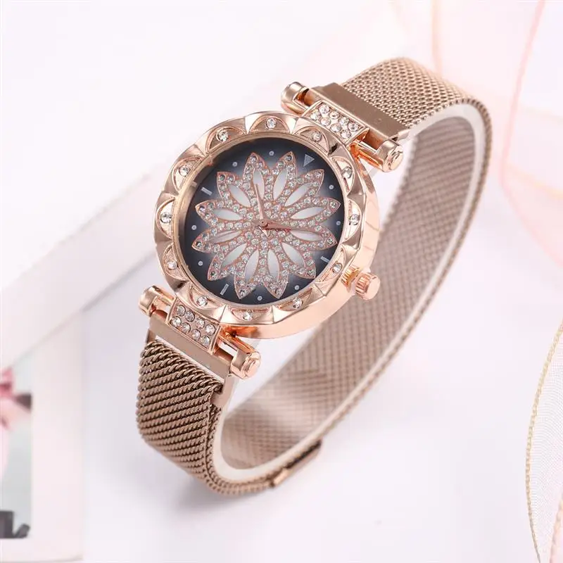 Розовое золото женские часы магнит магнитный сетчатый ремешок кварцевые алмаз