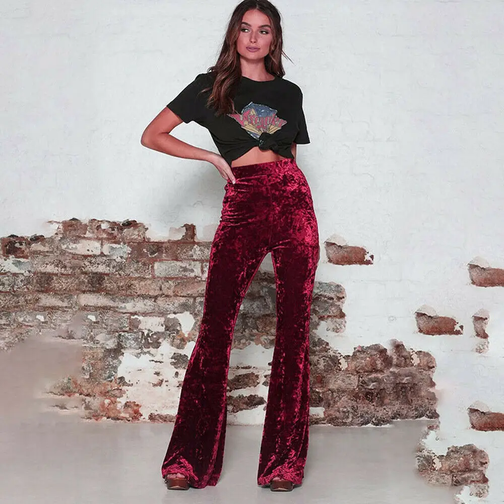 Women Long Flare Pants Elegant Solid Velvet Soft Slim Elastic High Waisted Skinny Wide Leg Trousers Spring Autumn Warm | Женская одежда