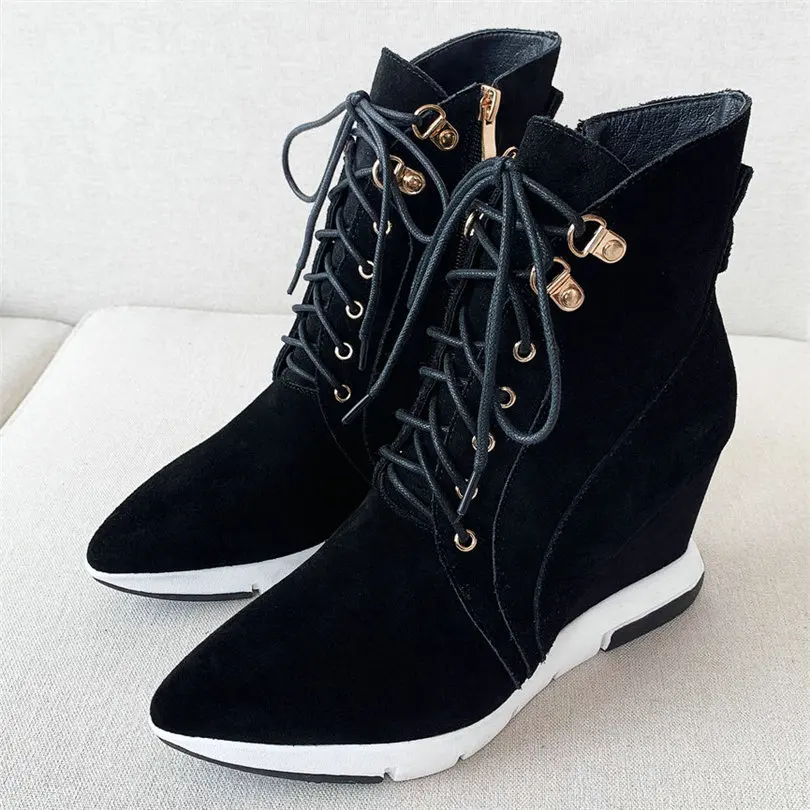 Кроссовки женские из натуральной кожи ботильоны на танкетке высокий каблук