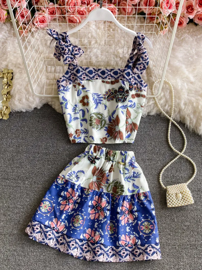 

Fashion Summer Set Women Print Flower Suspender Vest Top + Mini Pleated Skirt 2021 Summer 2 Piece Sets Womens Outfits