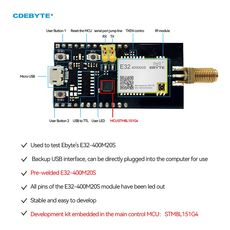 Test Board CDEBYTE E32-400MBL-01 for E32-400M20S Development Evaluation Kit Backup USB Interface Main Control MCU STM8L151G4