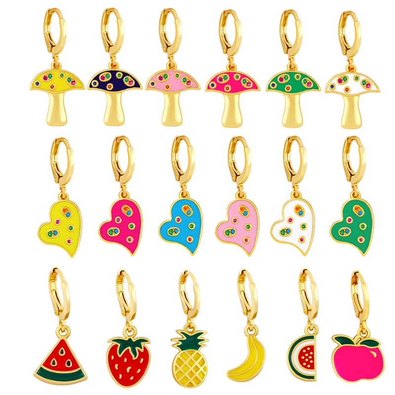 

QMHJE Small Hoop Earrings for Women Neon Green Bright Fluorescent Enamel Gold Color Heart Mushroom Fruit Pineapple Strawberry