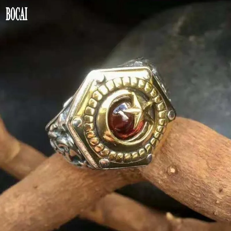 925 пробы серебро инкрустированное натуральным гранатом солнце и луна кольцо с