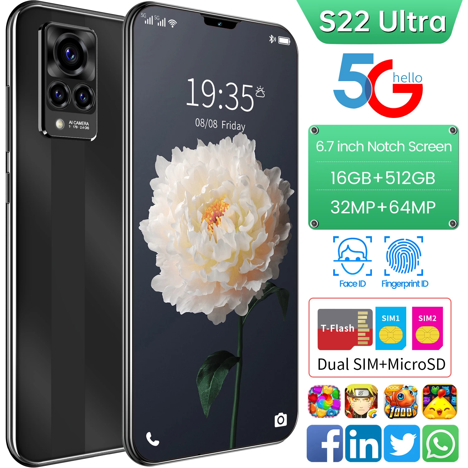 

S22 Ultra 6.7inci Smartphones Android 11.0 6000mAh Dual SIM 16GB RAM 512GB ROM 32+64MP 4G LTE 5G MTK6889+ MobilePhones