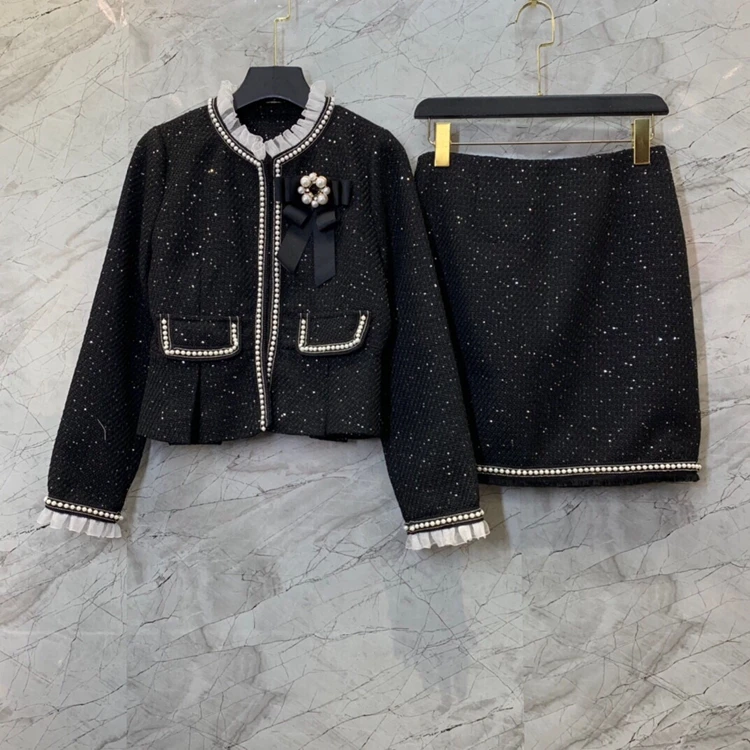 

2021 new women fashion chest beaded pin sequined woolen coat + short skirt suit 1020