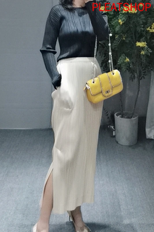 

Miyake Pleated Skirt Basic Pleated Skirts High-waisted Slimming Slit-mid-length Skirt