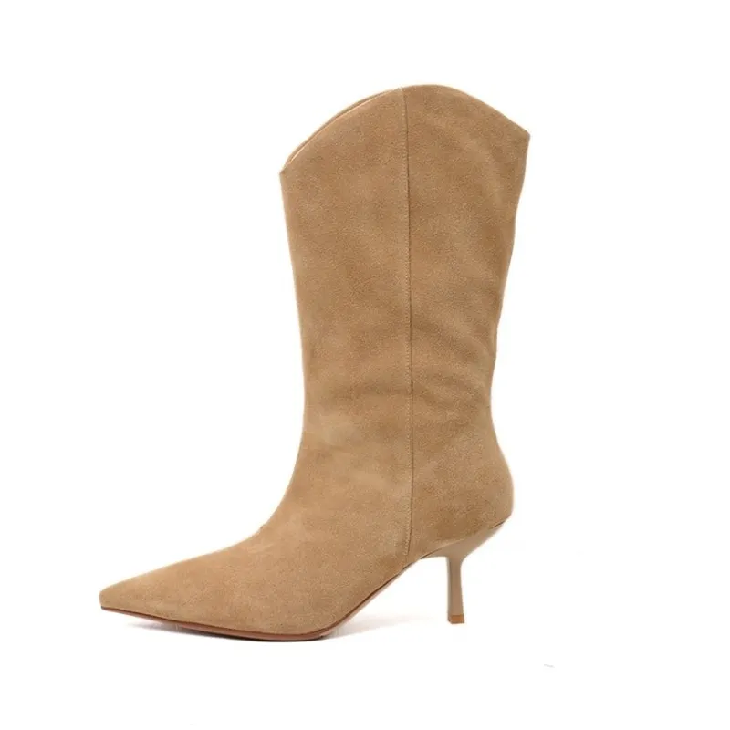 

New Fashion Thin V-mouth Full Leather Stiletto Sleeve Fashion Women's Boots Frosted Leather High-heeled Slip-On Mid-Calf Boots