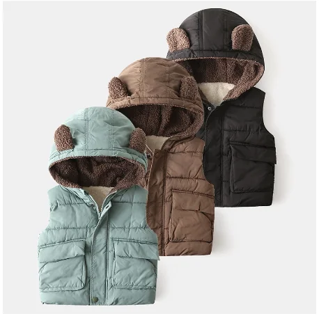 

JinxiaofeiWinter Vest Fashion Girls Clothing 2021 Sleeveless Bear Coats With Hooded Warm Children Clothes 2-6 Years Old Infants
