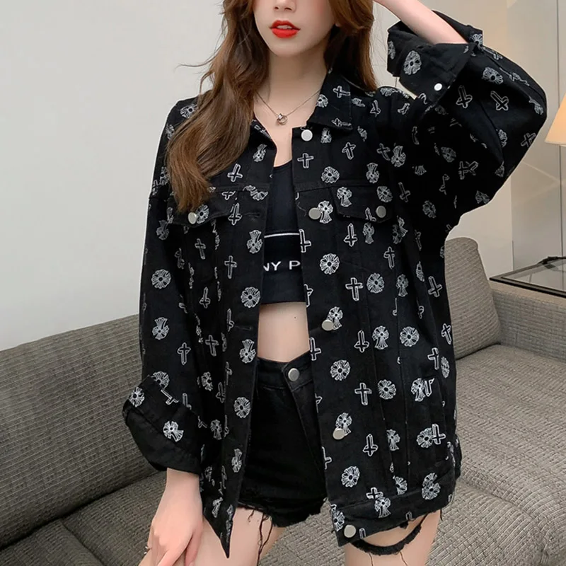 

Осенняя Новая Винтажная женская джинсовая куртка, уличное хипстерское пальто с перекрестным принтом, Женское зимнее мешковатое пальто, джи...