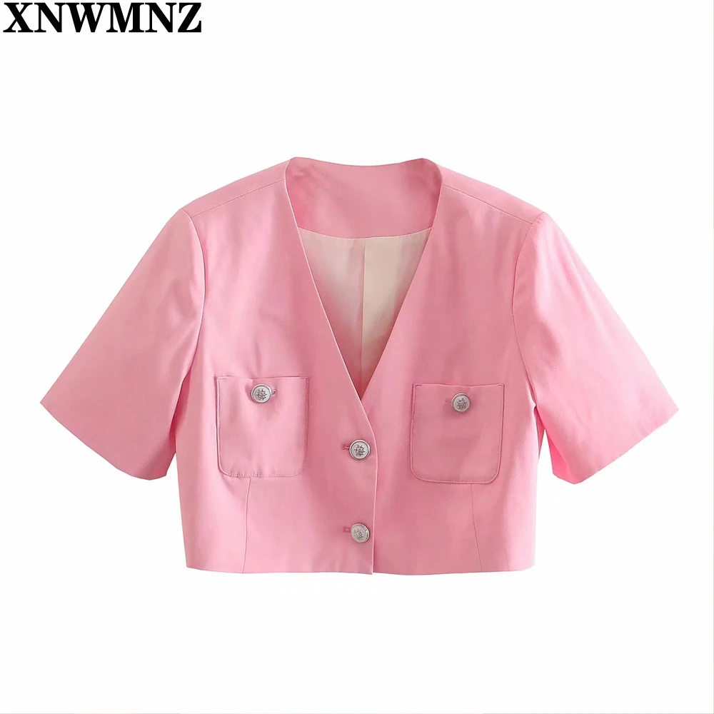 

Женский блейзер с V-образным вырезом XNWMNZ, однобортный, с накладными карманами, укороченный, Повседневный, летний, 2021