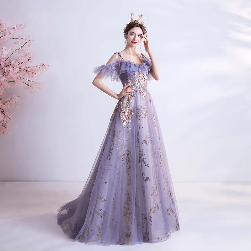 Purple Elegant Tulle Princess Evening Dresses 2021 Flowers Sweetheart Prom Dress Appliqus Women Formal Party Night Vestidos