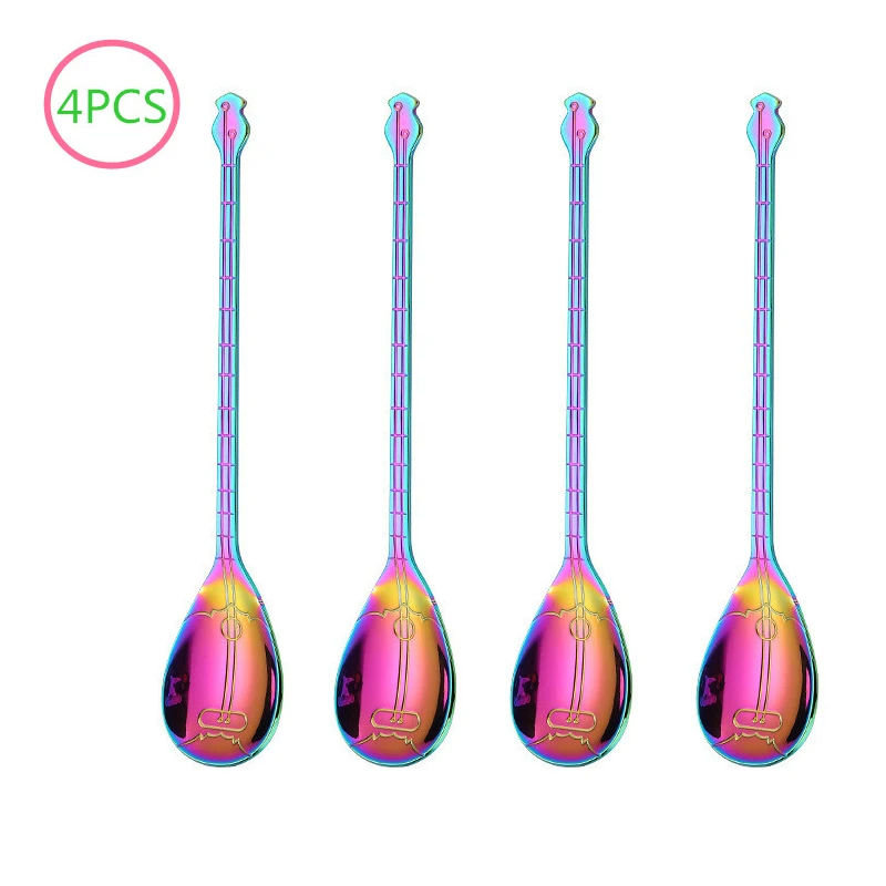long rainbow spoon Креативный Гитарный комплект кофейных ложек из нержавеющей стали, десертная ложка для мороженого, чайные ложки, кофейные аксессуары, столовые приборы, инструменты для питья - Цвет: long rainbow spoon
